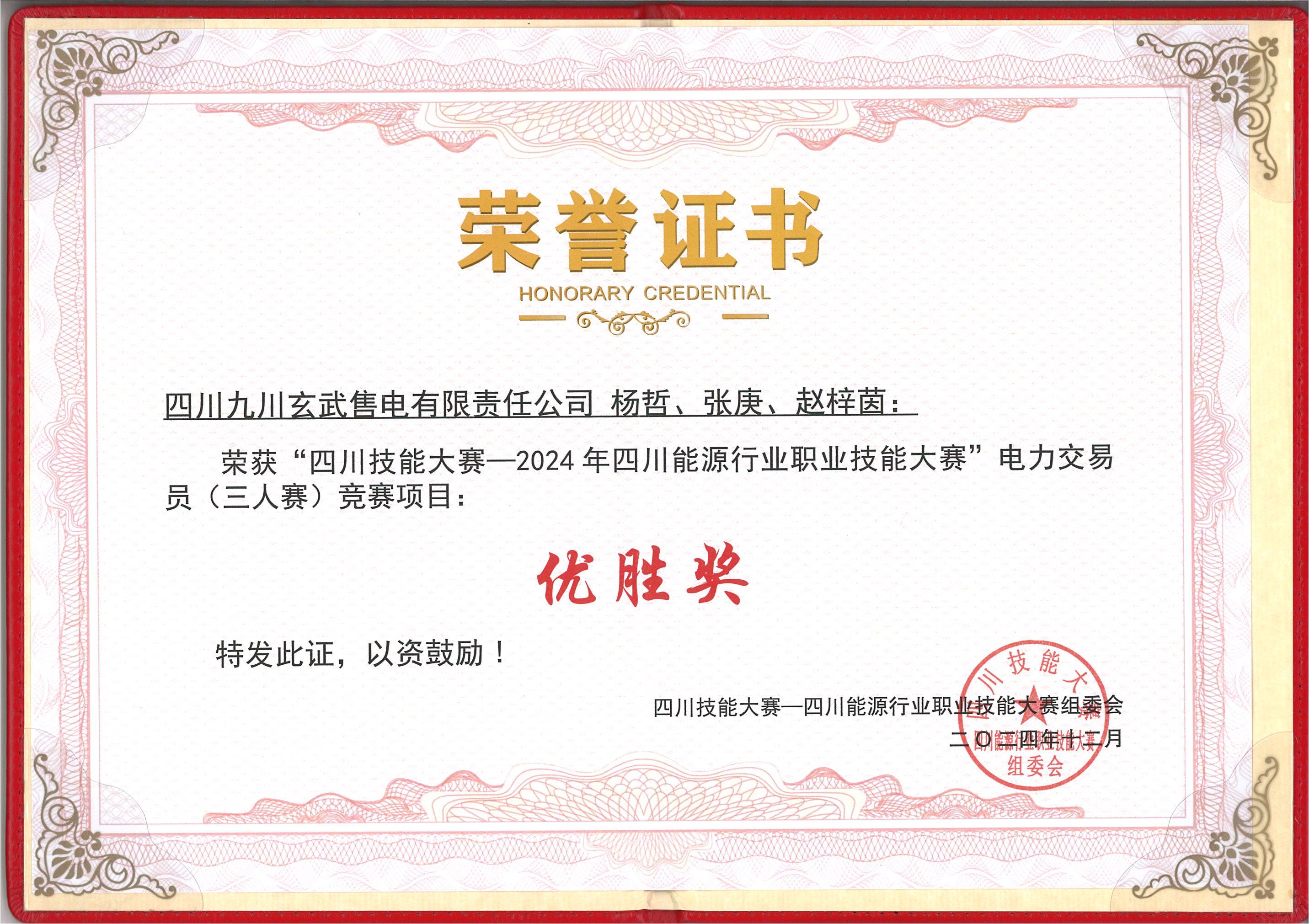 2024年四川能源行业职业技能大赛电力交易员（三人赛）优胜奖